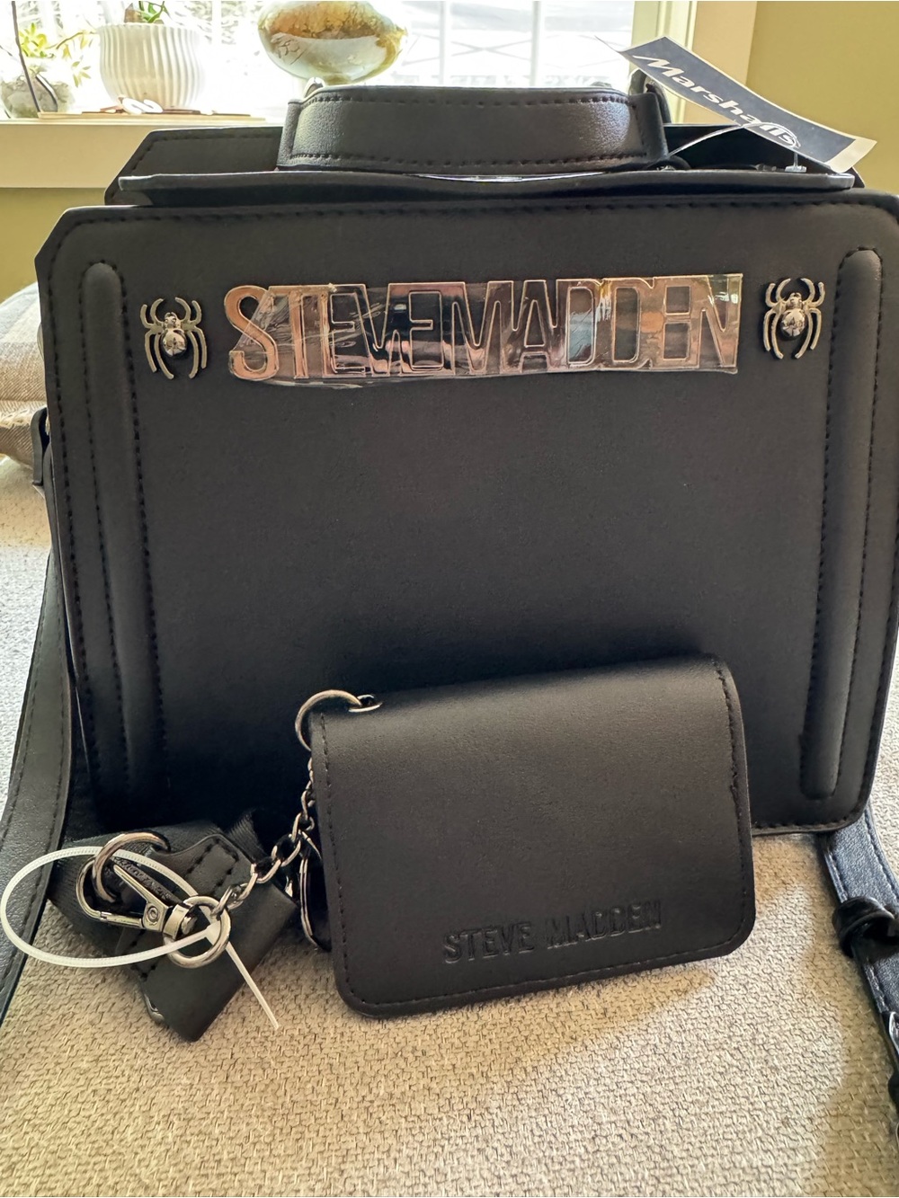 Steve Madden Spider Black Structured Messenger Bag with Coin Pouch
